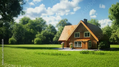 Wallpaper Mural Wooden house standing in a green field with white flowers and trees in the background Torontodigital.ca