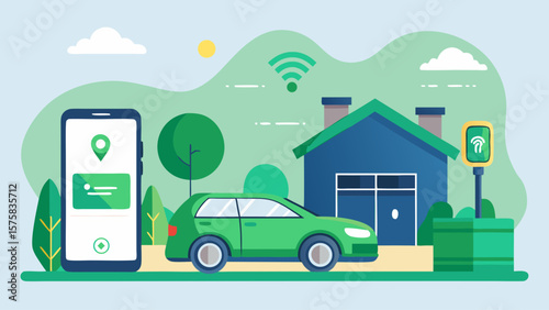 A house with a car and a cell phone on the ground. The house is surrounded by trees and has a clock on the wall