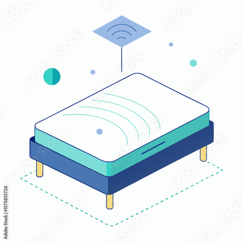 A bed with a blue frame and a white mattress. The mattress is covered in a blue sheet