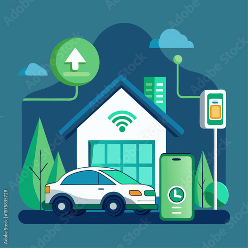 A house with a car and a cell phone on the ground. The house is surrounded by trees and has a clock on the wall