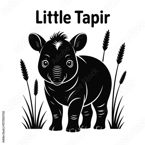Black and white vector illustration of a baby tapir standing calmly in tall stylized grass with LITTLE TAPIR text on a clean white background