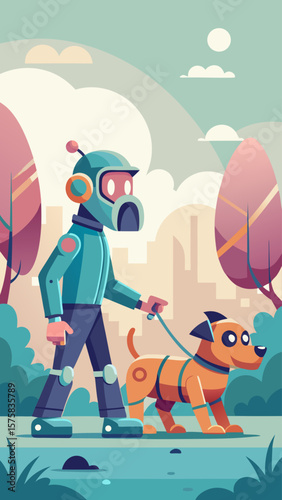 A robot dog is walking a dog in a park. The robot dog is wearing a red shirt and has a smile on its face. The park is filled with trees and grass, and there are buildings in the background