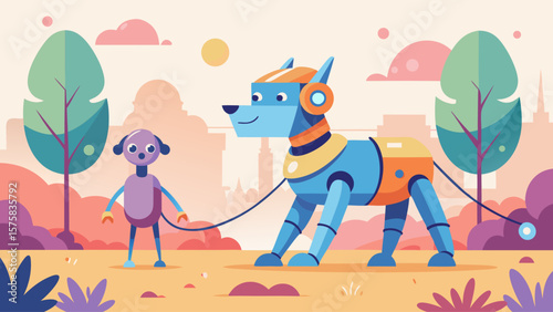 A robot dog is walking a dog in a park. The robot dog is wearing a red shirt and has a smile on its face. The park is filled with trees and grass, and there are buildings in the background