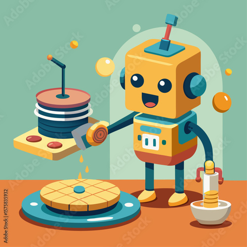 A robot is making pancakes and holding a spatula. The robot is smiling and he is happy