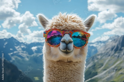 Close up of an alpaca wearing colorful sunglasses with a mountain landscape reflecting in the lenses