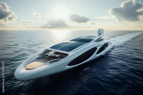 Futuristic white electric yacht powered by solar panels sailing on calm sea at sunset, promoting sustainable sea travel