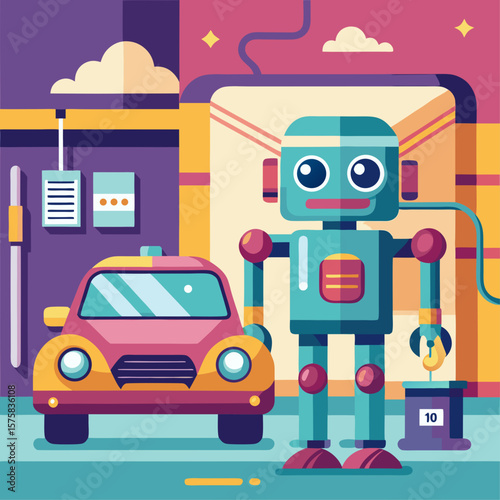 A robot is standing next to a green car. The robot is smiling and he is happy. The scene is set in a garage, with various tools and equipment around. Scene is cheerful and playful