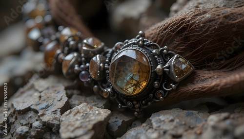 Close up of a vintage silver necklace with amber gemstones on a textured stone surface outdoors