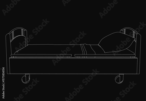 A hospital bed with a pillow stands alone in a stark black and white drawing. The dark background emphasizes isolation and simplicity. Clean lines highlight the bed's structure.