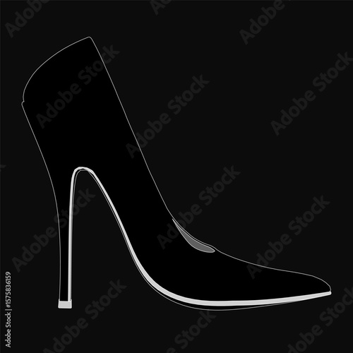 Black high heeled shoe with a pointed toe and stiletto heel, placed on a sleek black background. The elegant design exudes sophistication and style. Perfect for fashion and luxury themes.