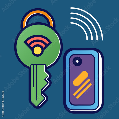A key and a phone are shown together. The key is green and has a wifi symbol on it. The phone is purple and has a wifi symbol on it as well. Concept of wireless connectivity