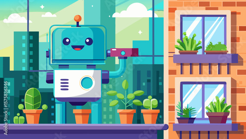 A robot is holding a plant in a pot. The robot is standing in front of a window with a view of a city
