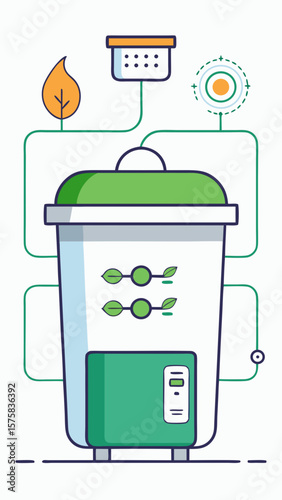 A green trash can with a plant next to it. The trash can is connected to a smart device