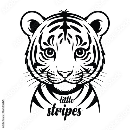 Black and white vector illustration of a baby tiger head with innocent eyes and soft fur on a clean white background