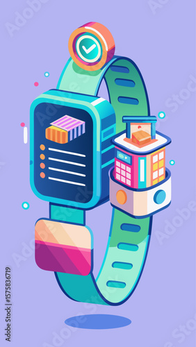 A watch with a green band and a check mark on it. The watch is on a white background