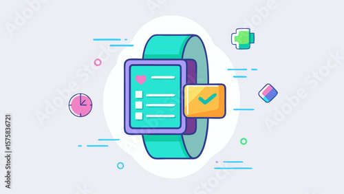 A watch with a green band and a check mark on it. The watch is on a white background