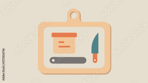 A wooden cutting board with a knife and a container on it. The knife is on the right side of the board and the container is on the left side