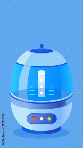 A blue and white device with a clock on it. The device is connected to a wifi network