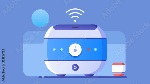 A blue and white device with a clock on it. The device is connected to a wifi network