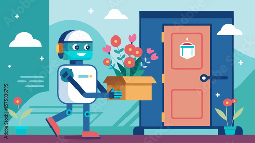 A robot is carrying a box of flowers and walking towards a door. The scene is set in a garden with a potted plant nearby. The robot's presence and the flowers in the box suggest a sense of care