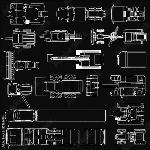 Aerial view of industrial vehicle outlines including a tractor, bulldozer, truck, excavator, harvester, and grader in white vector lines on a black background.