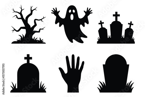 Spooky halloween silhouettes graveyard tree ghost hand