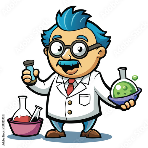 Cartoon scientist holding beakers and flasks
