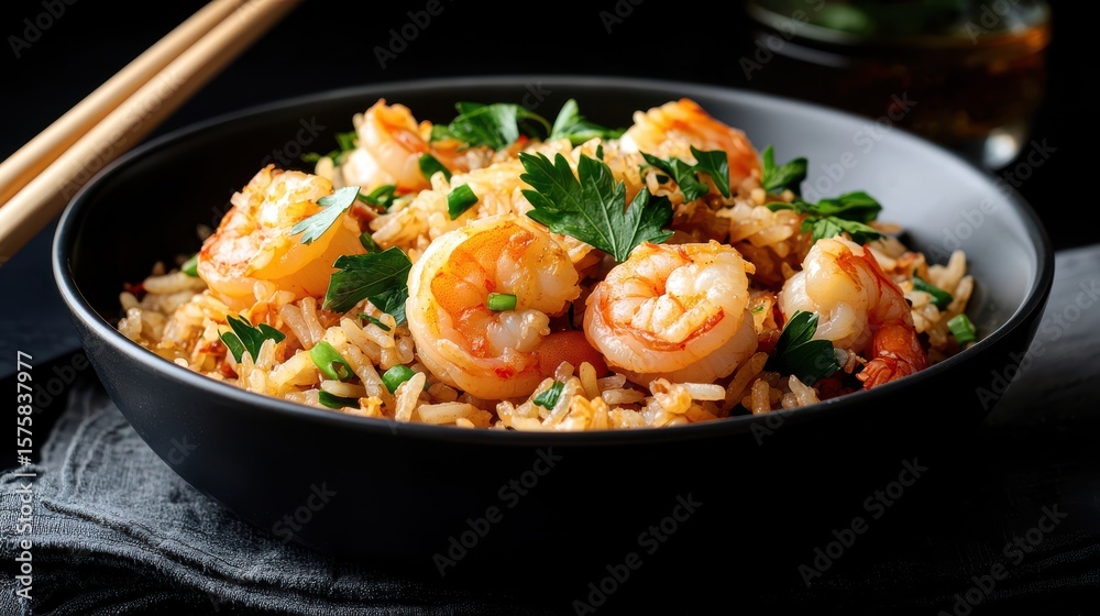 Delicious Bowl of Shrimp and Rice with Chops Plated for Enjoyment Delicious Bowl of Shrimp and Rice with Chops Plated for Enjoyment