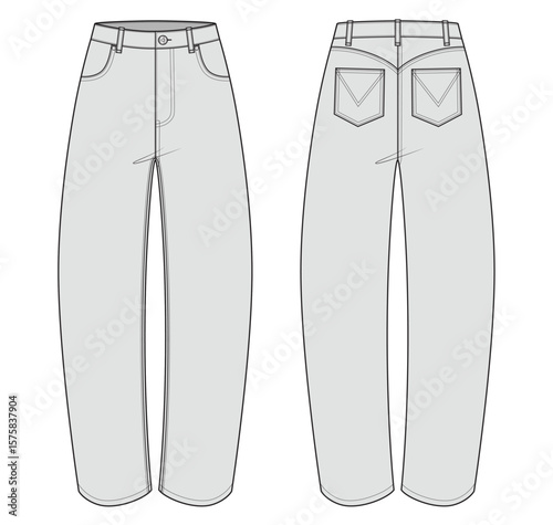 Vector fashion technical drawing of a barrel leg denim jeans with front and back view. Front pockets.  Metal button and rivets. Belt loops. Back pockets. Back yoke. Woven fabric. 