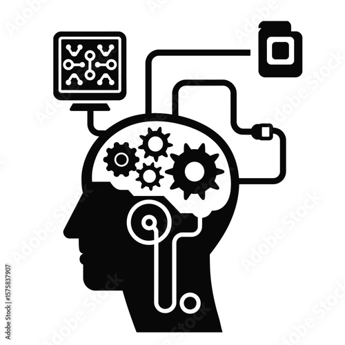 Black and white vector illustration of a head with gears and neural link connected to computer