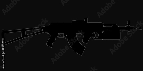 A black and white silhouette of assault rifle stands stark against a dark background, emphasizing its lethal design. The machine gun's angular contours and distinctive shape create.