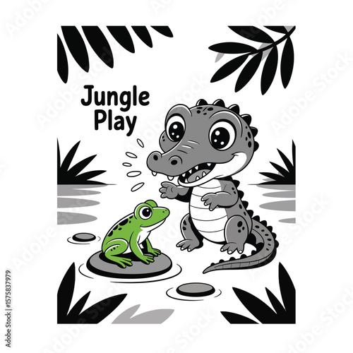 Black and white vector illustration of a playful baby crocodile interacting with jungle frog on river stone with soft shadows