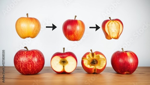 Apple stages whole, halved, eaten