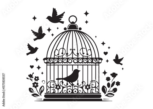 bird in a cage logo design silhouette vectors illustration, bird in a cage silhouette vector logo, silhouette birdcage vector logo, vintage black birdcage logo silhouettes vector on a white background