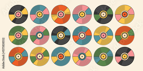 Set of hand drawn flat colored old music vinyl record of different colors in retro flat groovy style, element for logo, poster, disco 60s, 70s, 80s, 90s. Vector illustration eps10	