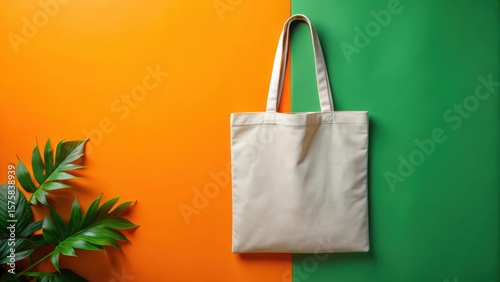 A Blank Tote Bag on Vibrant Orange and Green Background with Lush Tropical Foliage