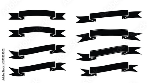 Collection of eight black banner ribbons with varying shapes and orientations on a white background