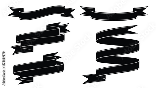 Collection of black ribbons with silver trim in various shapes and orientations on a white background