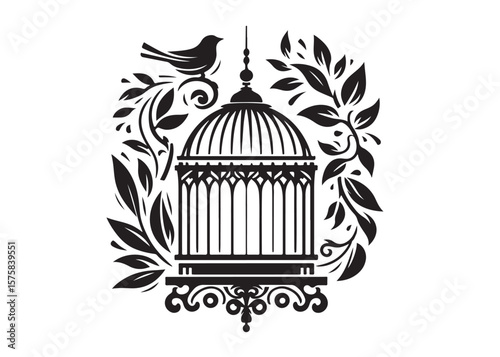 bird in a cage logo design silhouette vectors illustration, bird in a cage silhouette vector logo, silhouette birdcage vector logo, vintage black birdcage logo silhouettes vector on a white background