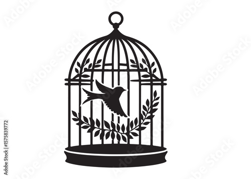 bird in a cage logo design silhouette vectors illustration, bird in a cage silhouette vector logo, silhouette birdcage vector logo, vintage black birdcage logo silhouettes vector on a white background