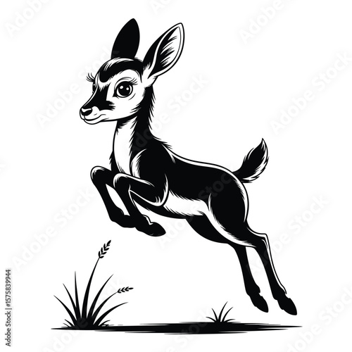 Black and white vector illustration of a young antelope leaping gracefully with expressive eyes against a soft gray minimalist background