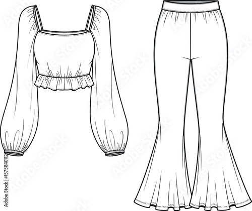 Trendy female outfit fashion flat sketch, long sleeve top with flare pants, stylish clothing design, illustrator template for designers, apparel CAD drawing