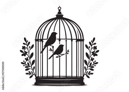 bird in a cage logo design silhouette vectors illustration, bird in a cage silhouette vector logo, silhouette birdcage vector logo, vintage black birdcage logo silhouettes vector on a white background