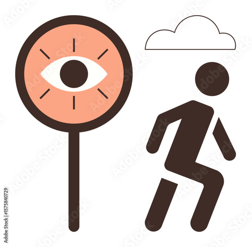 Eye inside a warning sign, person running, simplistic cloud. Ideal for security, privacy, surveillance, monitoring, caution digital safety ethical issues. Minimalistic flat metaphor