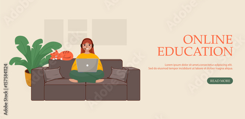Girl studying online at home with laptop and cat distance learning concept. Online learning courses. Presentation slide template or landing page design. Business concept illustrations. Modern flat sty