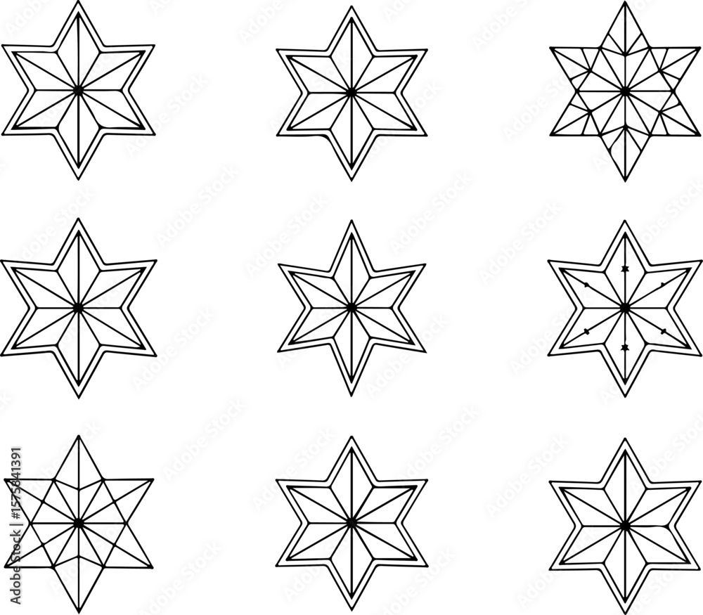 Fototapeta premium Image is a digital illustration featuring a grid layout of nine black and white star designs, arranged in three rows and three columns against a plain white background. Each star has a unique geometri