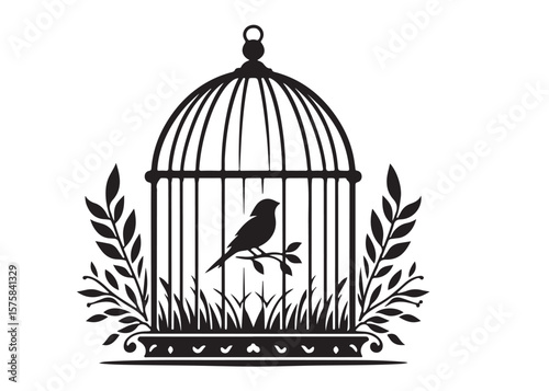 bird in a cage logo design silhouette vectors illustration, bird in a cage silhouette vector logo, silhouette birdcage vector logo, vintage black birdcage logo silhouettes vector on a white background