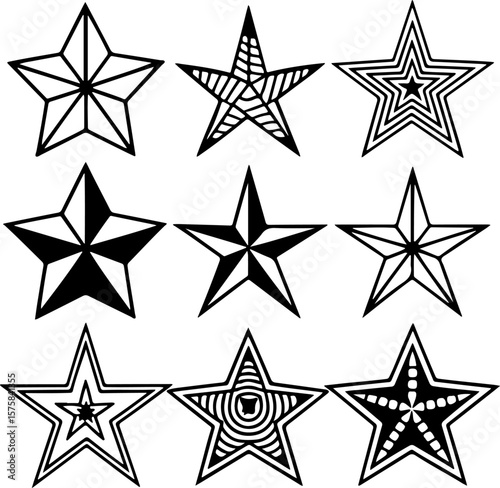 Image is a digital illustration featuring a grid layout of nine black and white star designs, arranged in three rows and three columns against a plain white background. Each star has a unique geometri
