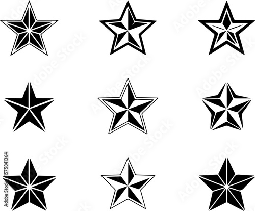 Image is a digital illustration featuring a grid layout of nine black and white star designs, arranged in three rows and three columns against a plain white background. Each star has a unique geometri
