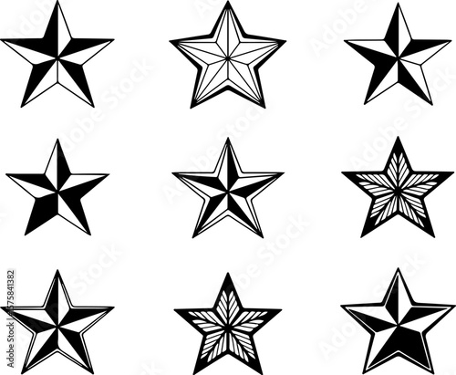 Image is a digital illustration featuring a grid layout of nine black and white star designs, arranged in three rows and three columns against a plain white background. Each star has a unique geometri